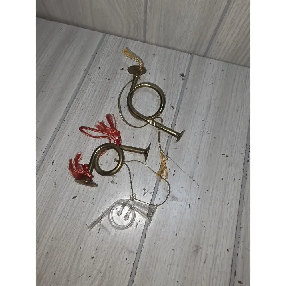 Vtg Miniature Decorative Brass French Horns 2 Brass 1 Glass Christmas Ornaments